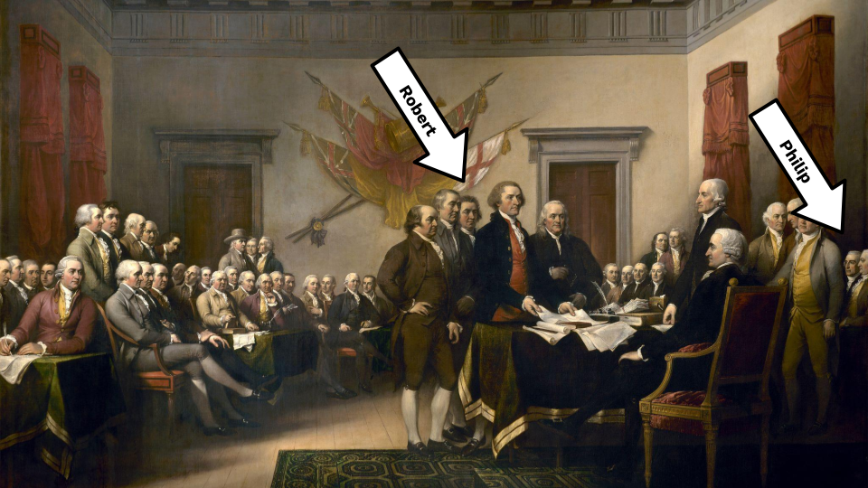 John Trumbull's Declaration of Independence, with Robert R. Livingston and Philip Livingston marked
